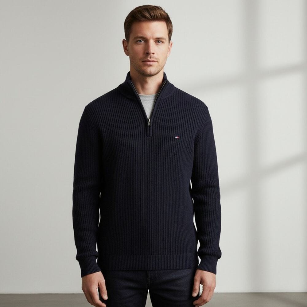 Tommy Hilfiger Mens L Navy Cable Knit Sweater 100% Cotton Ribbed Crewneck